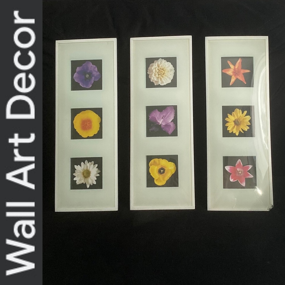 3 Glass Beveled Picture Frames of Flowers